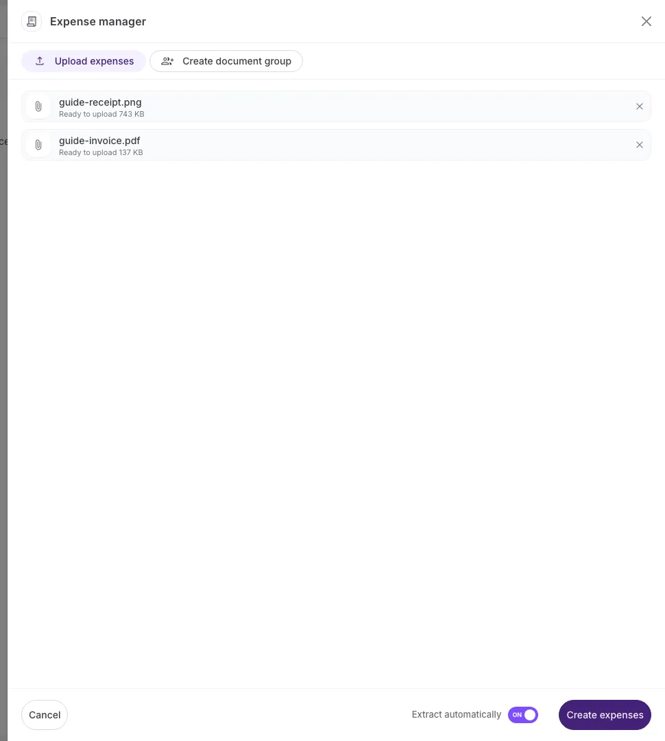The “Expense manager” panel with two queued files and the “Extract automatically” switch set to ON in the bottom right, beside the “Create expenses” button.