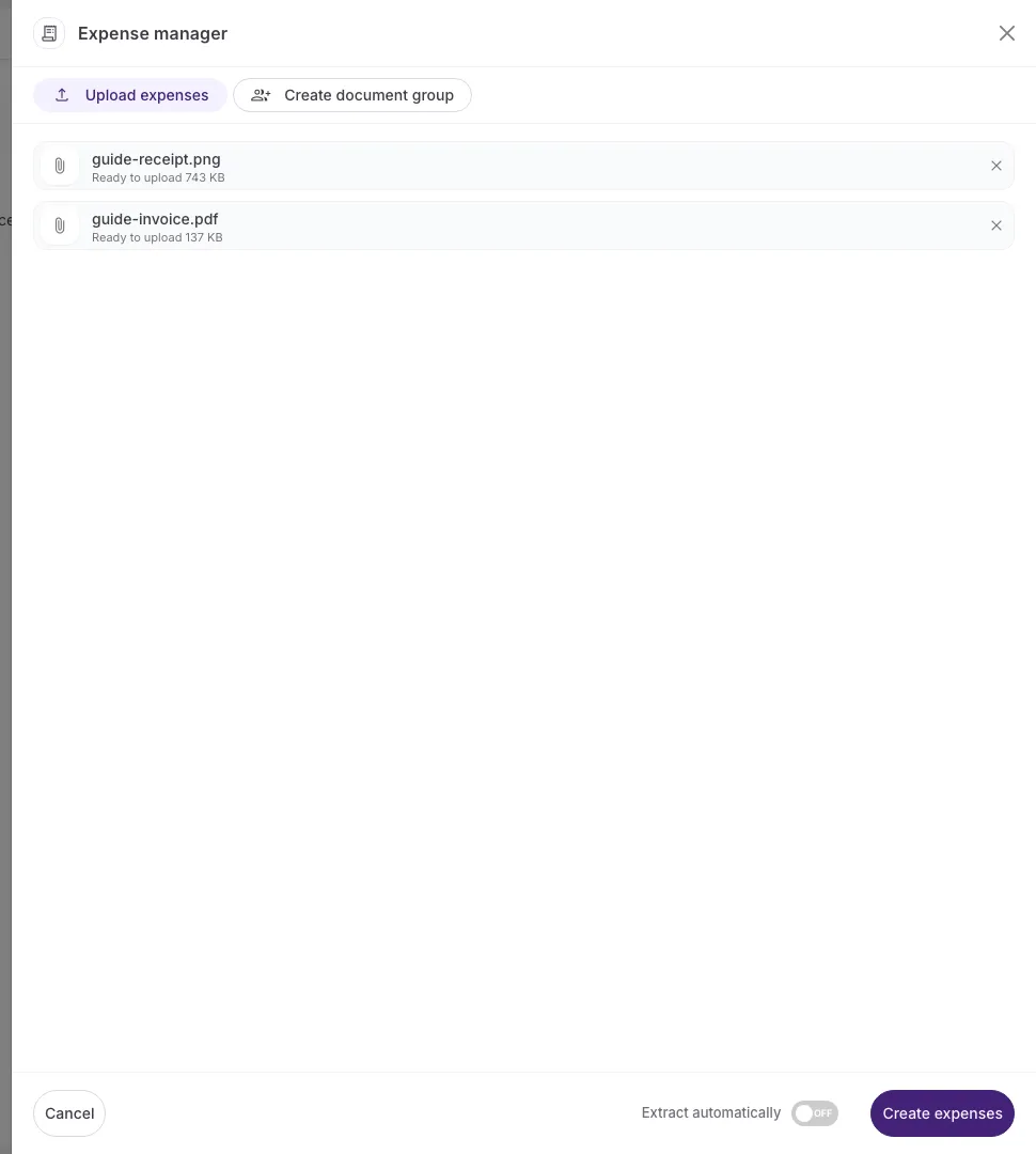 The same panel with “Extract automatically” set to OFF; the file list and the “Create expenses” button are unchanged.