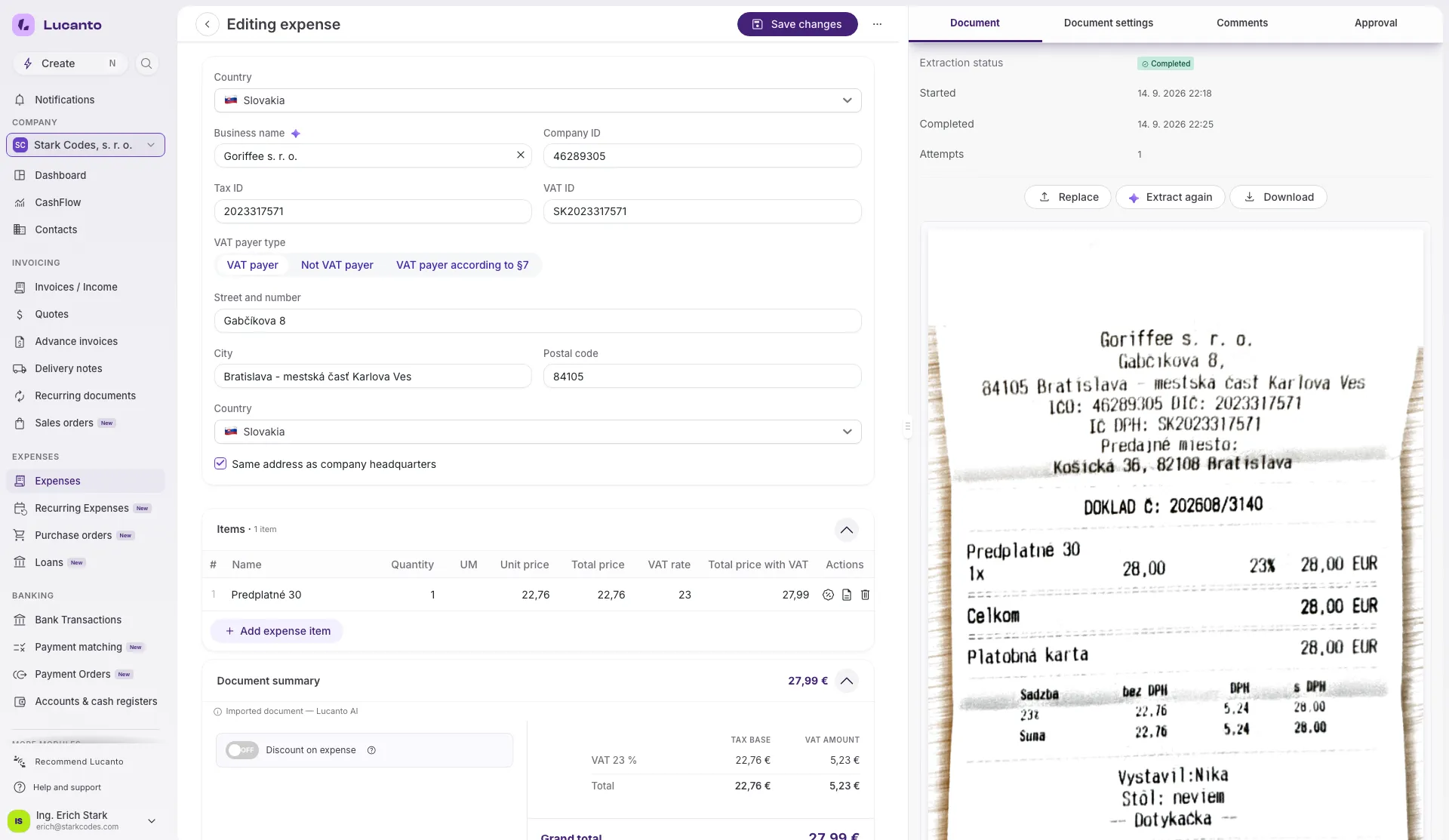 An extracted expense: filled supplier fields, a line item and a VAT summary on the left; on the right the original receipt and a panel showing extraction status “Completed”, start and finish times, and the Replace, Extract again and Download buttons.