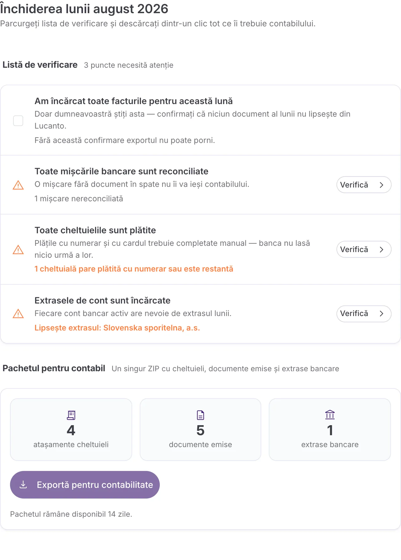 Ecranul Export pentru contabilitate cu o listă de verificare care are trei avertismente: o mișcare bancară nereconciliată, o cheltuială care pare plătită cu numerar sau este restantă, și un cont bancar fără extras. Dedesubt se văd numărătorile pentru pachet și un export gata de descărcat.