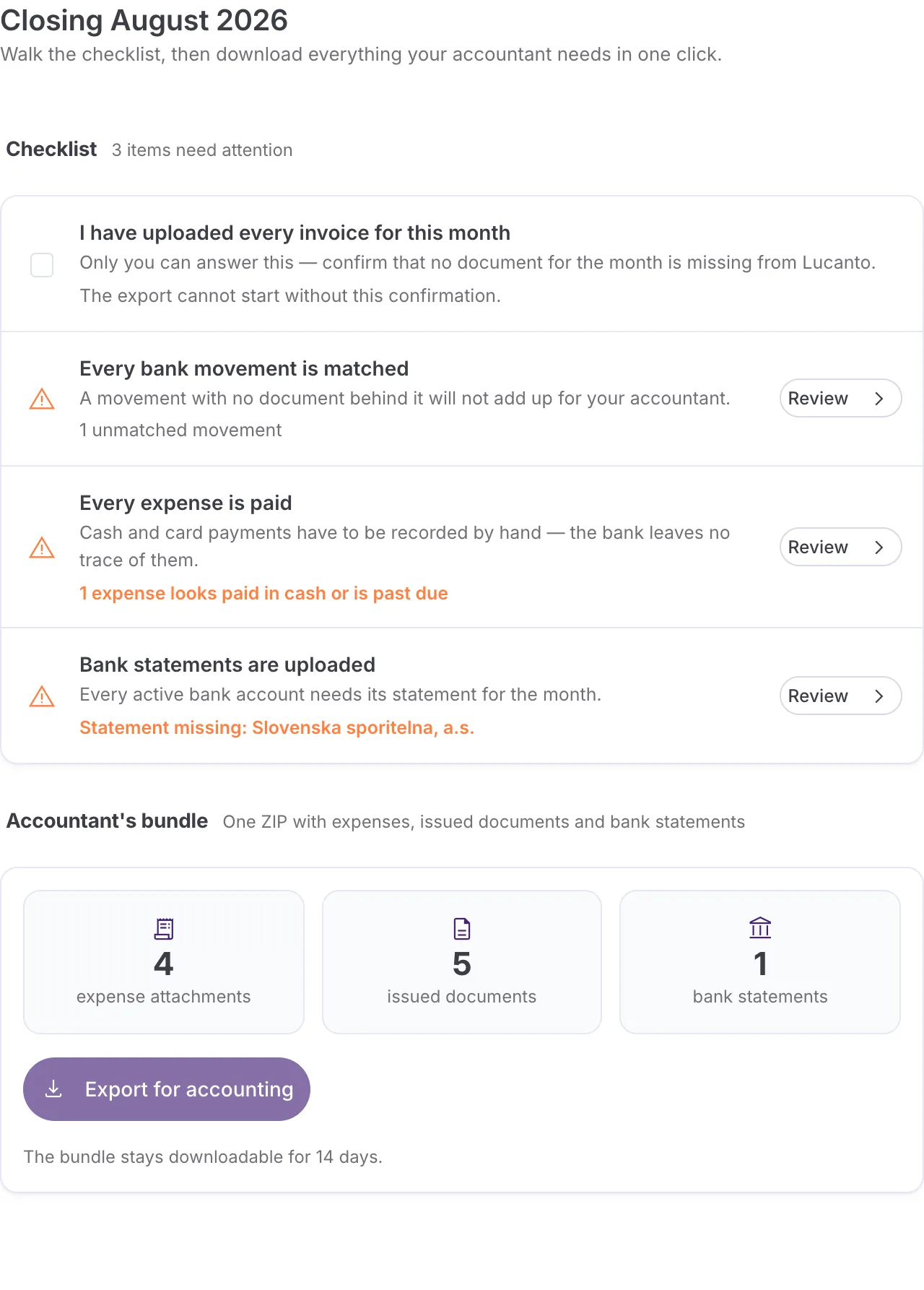 The Accounting export screen with a checklist carrying three warnings: one unmatched bank movement, one expense that looks paid in cash or past due, and one bank account with no statement. Below it, the tile counts for the bundle and a finished export ready to download.