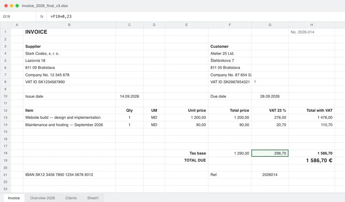 An invoice in a spreadsheet: cells holding the supplier and customer details, two line items, and a VAT row containing a hand-written formula.