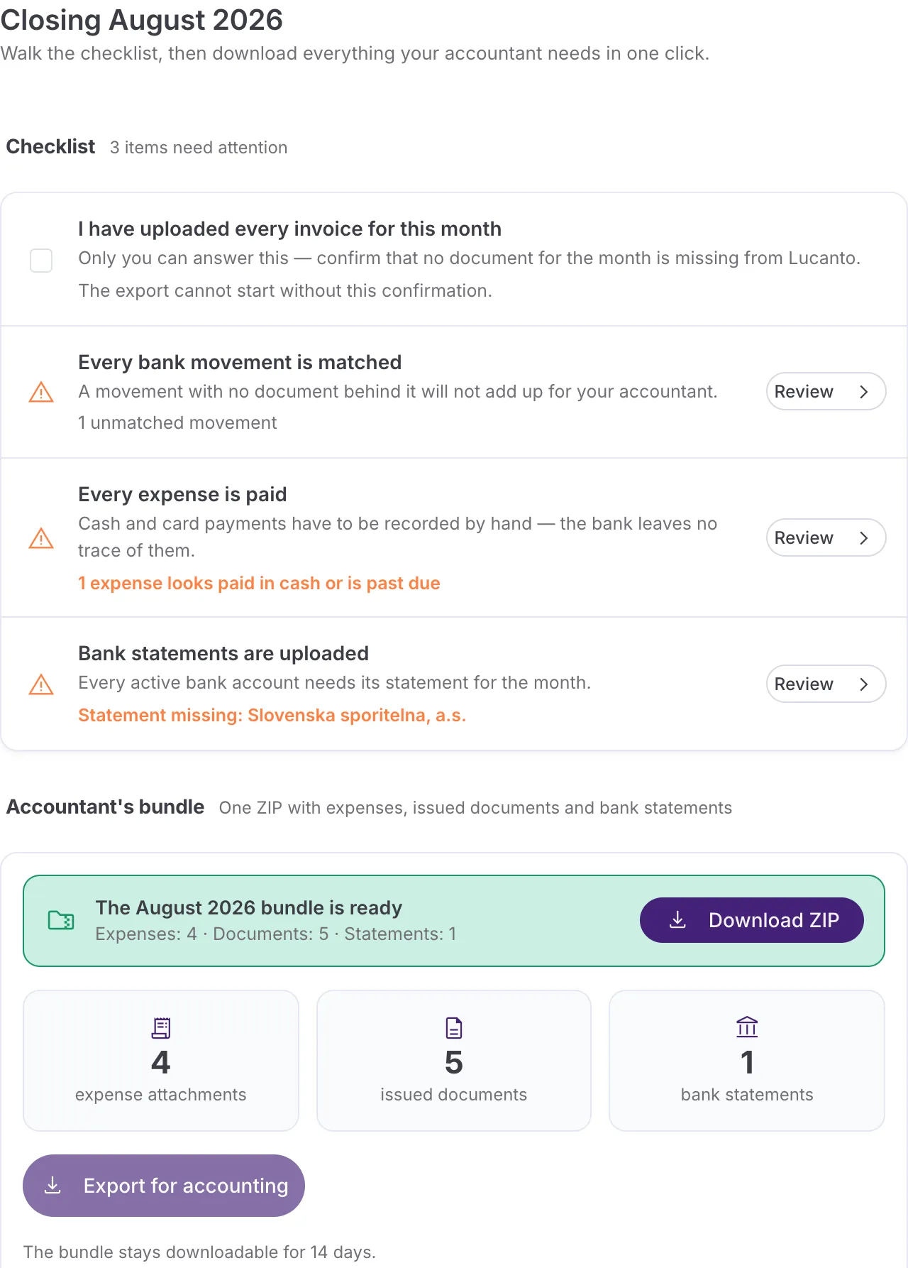 A finished export showing the counts of expenses, documents and statements, with a Download ZIP button.