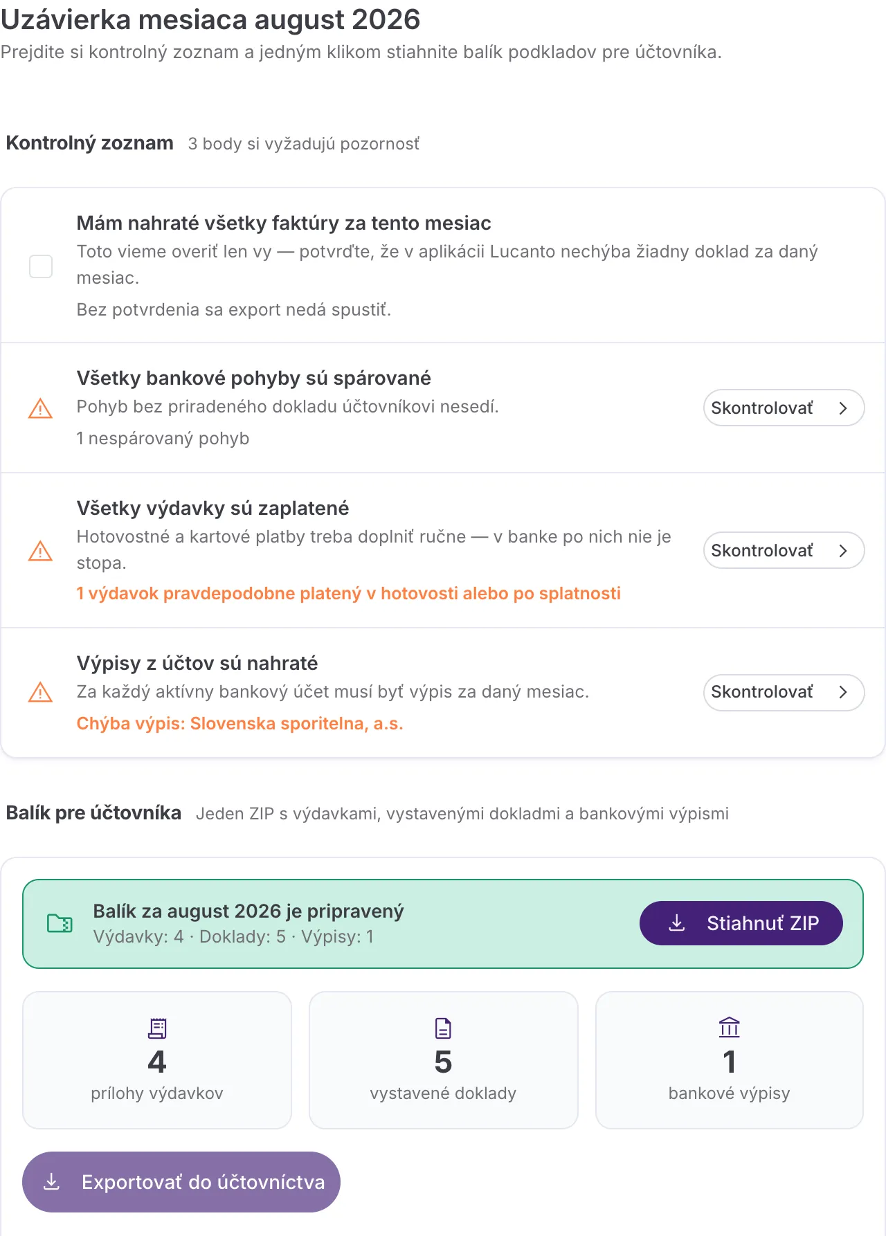 Hotový export s počtami výdavkov, dokladov a výpisov a tlačidlom Stiahnuť ZIP.