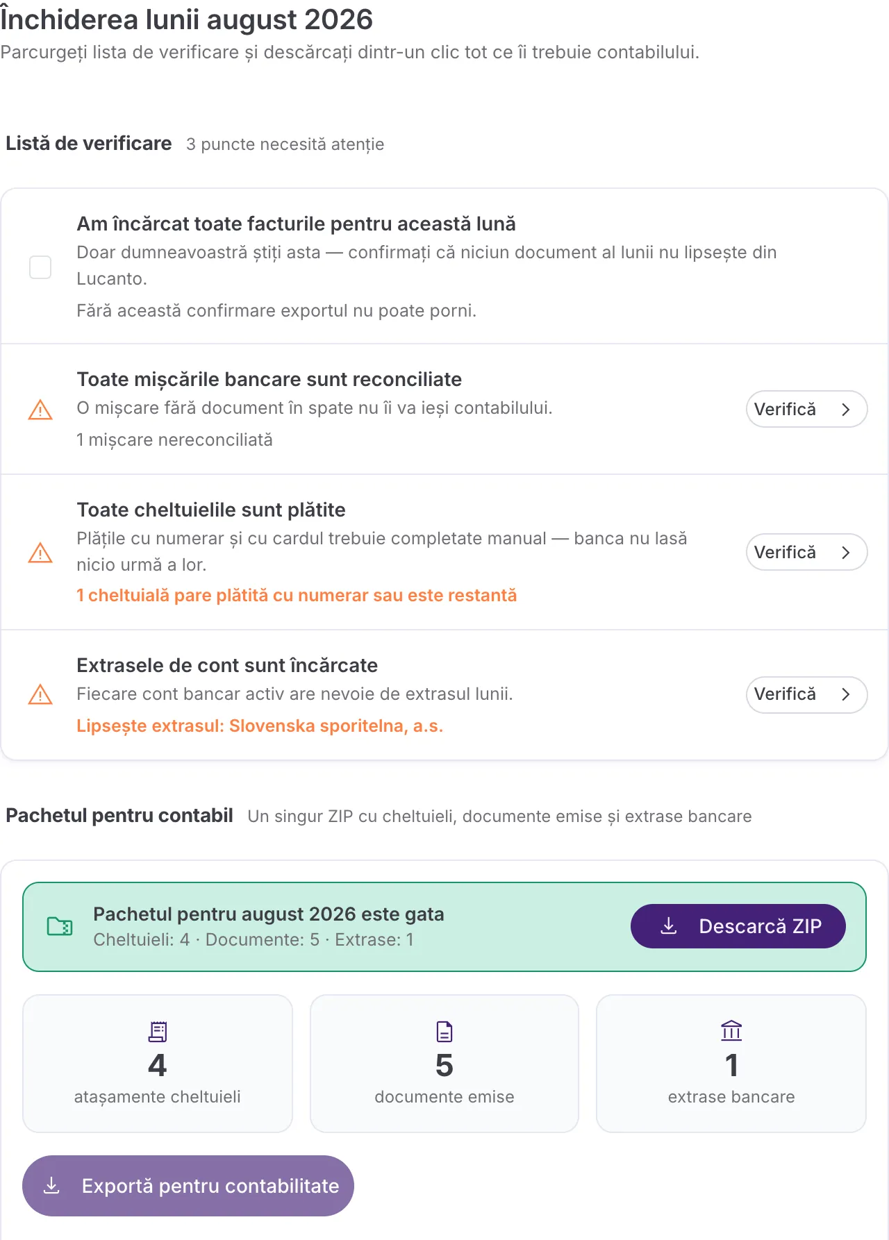 Un export finalizat cu numărătorile cheltuielilor, documentelor și extraselor, și un buton Descarcă ZIP.