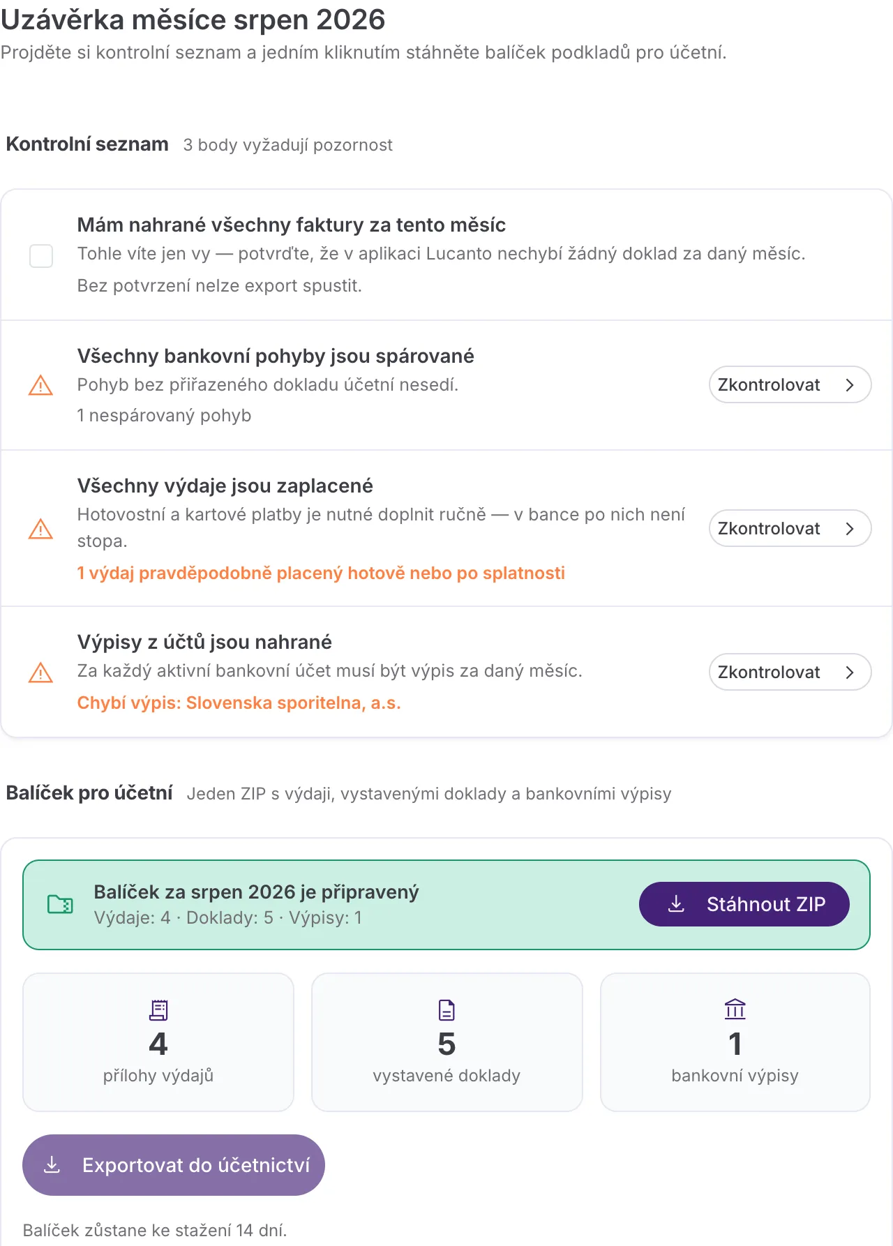 Hotový export s počty výdajů, dokladů a výpisů a tlačítkem Stáhnout ZIP.