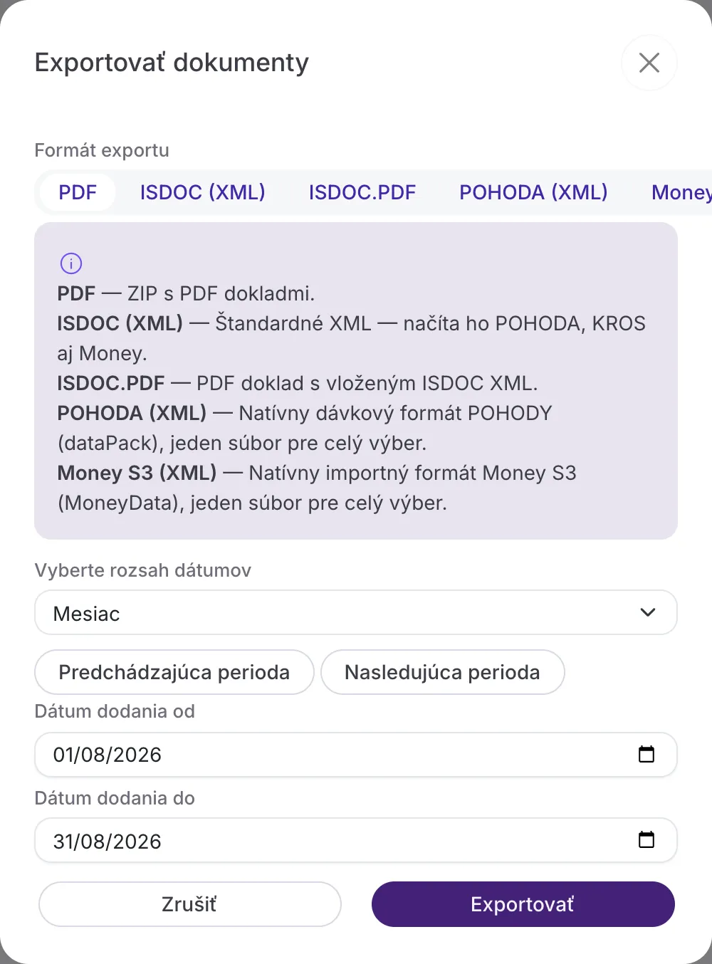 Otvorené okno exportu s rozbaleným zoznamom formátov: PDF, ISDOC (XML), ISDOC.PDF, POHODA (XML) a napravo odseknutý štítok Money S3, lebo sa do riadku s piatimi formátmi už nezmestil celý. Text pod záložkami napriek tomu vysvetľuje všetkých päť formátov aj s Money S3 celým menom.