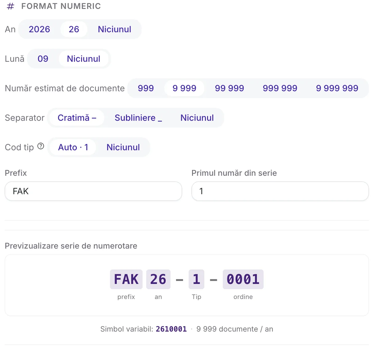 Formularul unei serii noi, secțiunea Format numeric: grupurile de opțiuni An, Lună, Număr estimat de documente, Separator și Cod tip, câmpul Prefix, iar dedesubt previzualizarea numărului rezultat cu descrierea segmentelor.