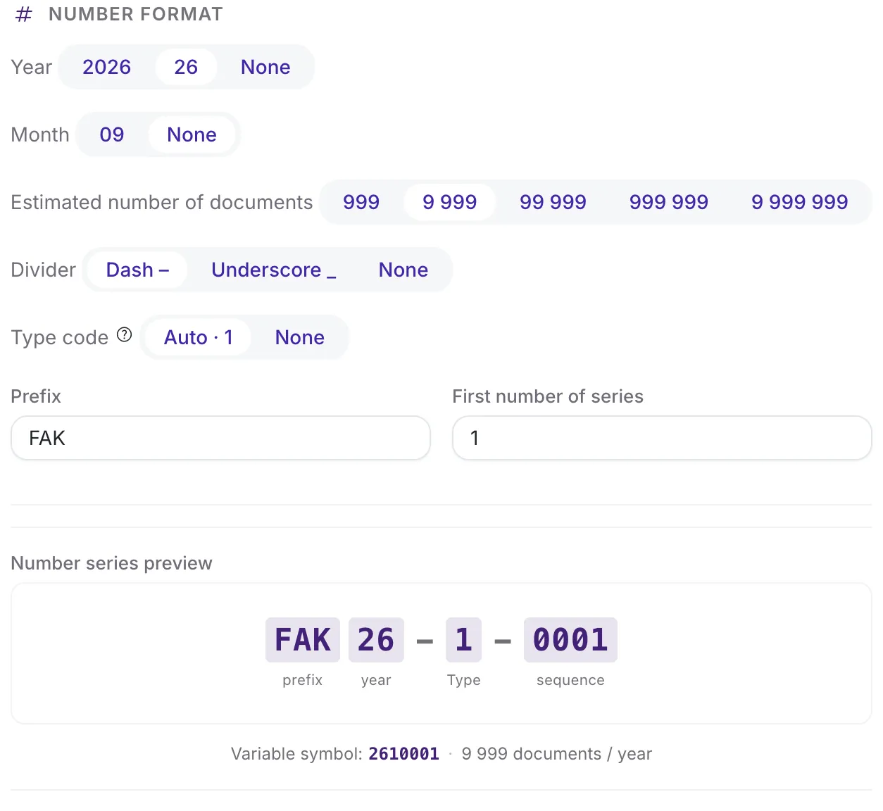 The new number series form, Number format section: Year, Month, Estimated number of documents, Divider and Type code option groups plus a Prefix field, with a live preview of the resulting number and its segments below.