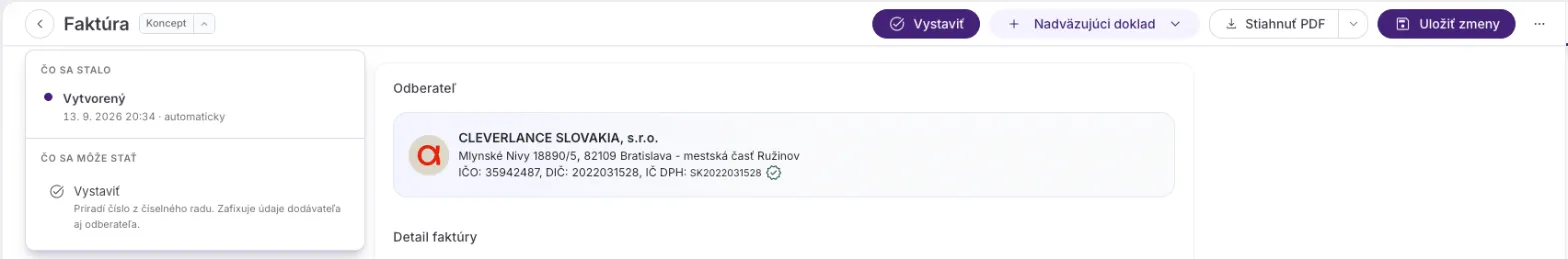 Koncept faktúry: bez čísla, odznak Koncept, hlavná akcia Vystaviť a panel s jediným ďalším krokom — Vystaviť, ktorý priradí číslo z číselného radu.