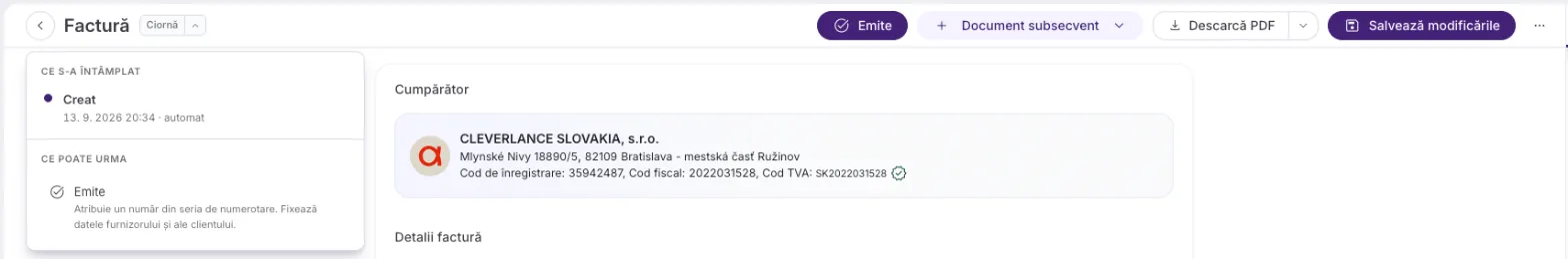 O ciornă de factură: fără număr, eticheta Ciornă, Emite ca acțiune principală și un panou al cărui singur pas următor este Emite, care atribuie un număr din seria de numerotare.
