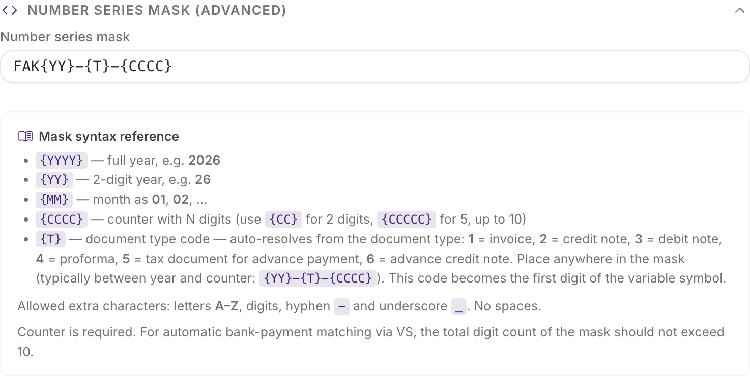 The expanded mask syntax reference inside the form: the list of tokens with explanations, the allowed characters, and the ten-digit warning about payment matching.