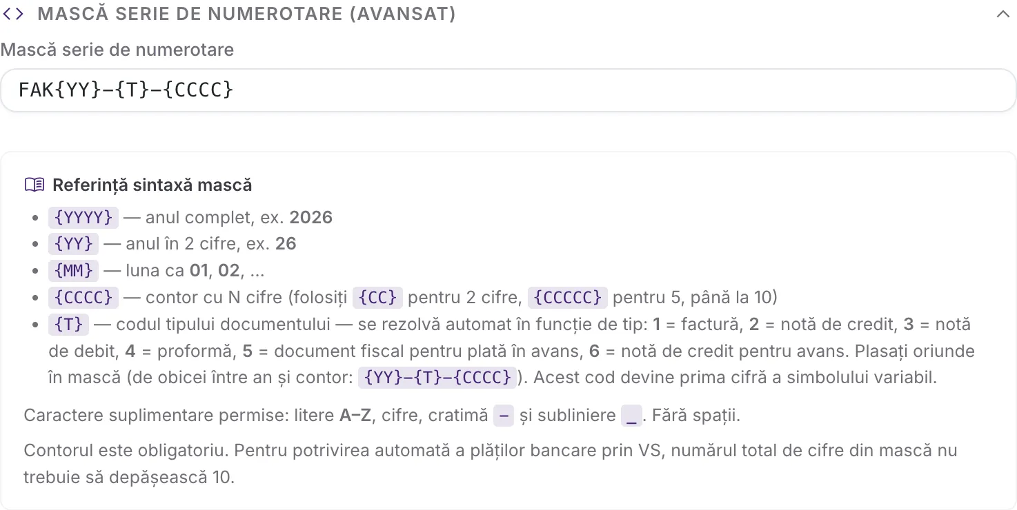 Ghidul de sintaxă a măștii, desfășurat în formular: lista tokenurilor cu explicații, caracterele permise și avertismentul despre cele zece cifre pentru potrivirea plăților.