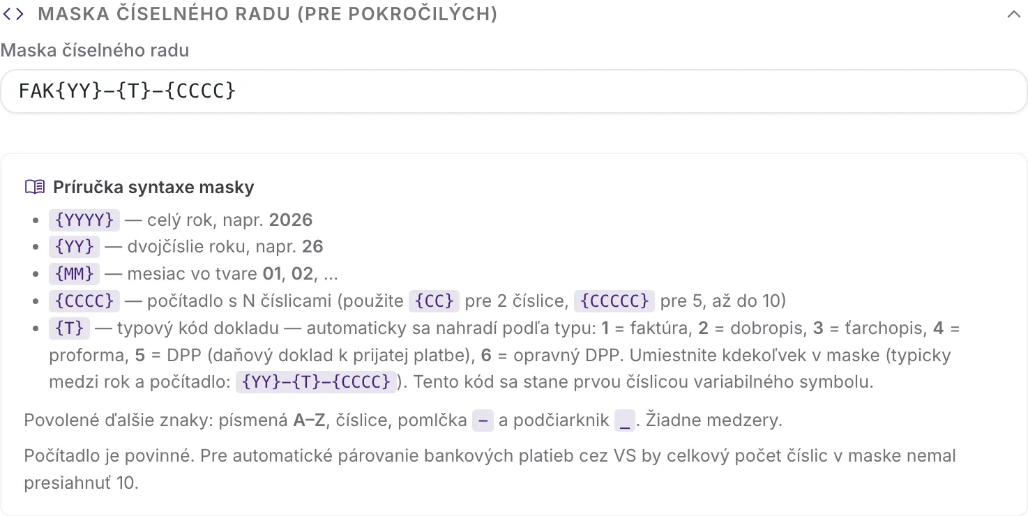 Rozbalená príručka syntaxe masky vo formulári: zoznam tokenov s vysvetlením, povolené znaky a upozornenie na desať číslic kvôli párovaniu platieb.