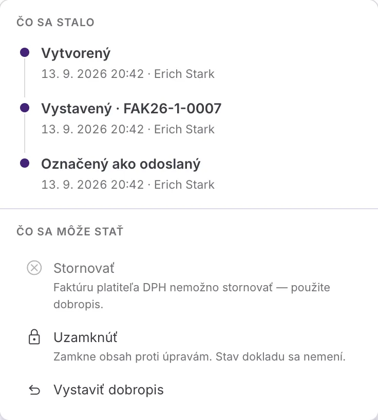 Otvorený stavový panel: hore časová os s krokmi Vytvorený, Vystavený a Označený ako odoslaný, dole zoznam ďalších krokov so sivou položkou Stornovať.