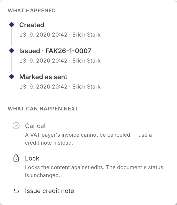 The open status panel: a timeline of Created, Issued and Marked as sent at the top, and the next steps below with a greyed-out Cancel.