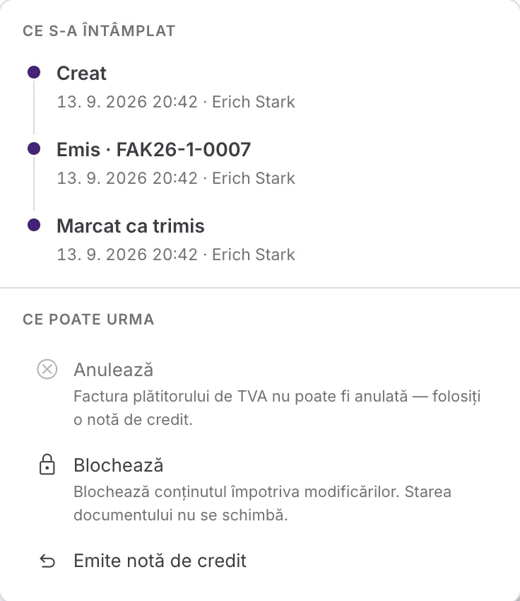 Panoul de stare deschis: sus cronologia cu pașii Creat, Emis și Marcat ca trimis, jos pașii următori cu Anulează afișat gri.