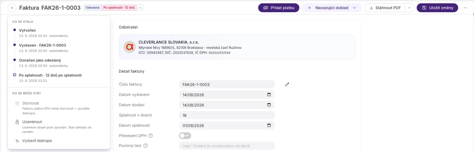 Faktura po splatnosti s červeným segmentem Po splatnosti · 12 dnů a panelem, kde je Stornovat šedé s důvodem a nabízí se Uzamknout a Vystavit dobropis.