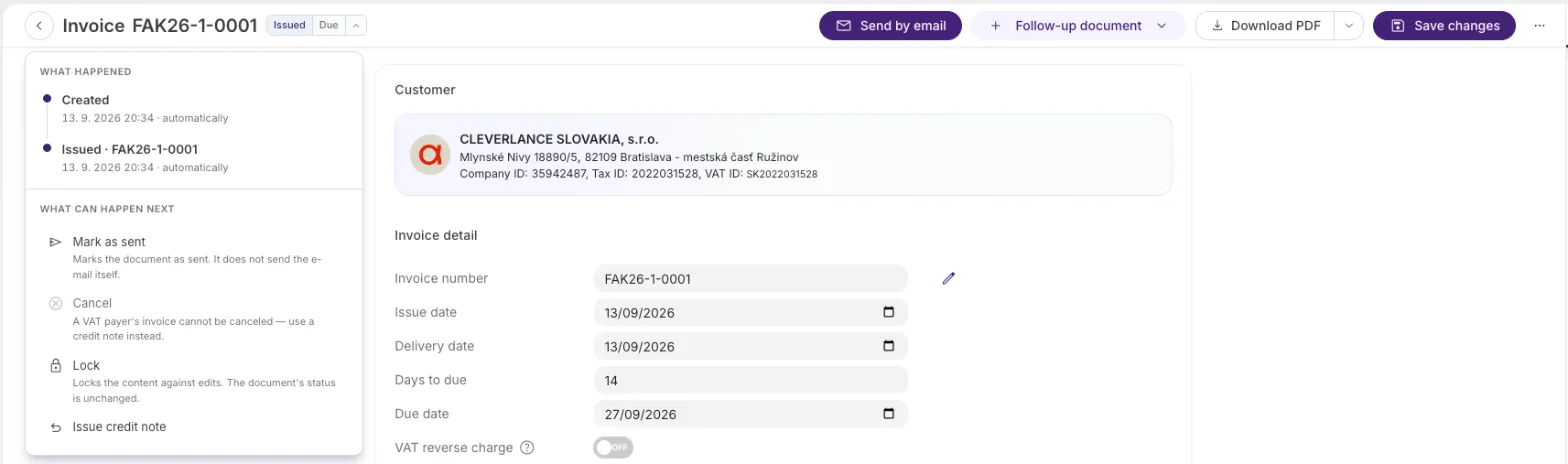 An issued invoice with its number and an Issued · Due badge, panel open: Mark as sent, a greyed-out Cancel with its reason, Lock, and Issue credit note.