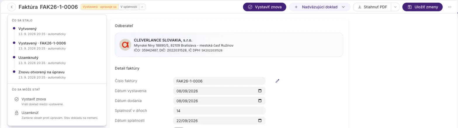 Znovu otvorená faktúra s jantárovým segmentom Vystavená · upravuje sa, hlavnou akciou Vystaviť znova a panelom, ktorý ponúka Vystaviť znova a Uzamknúť.