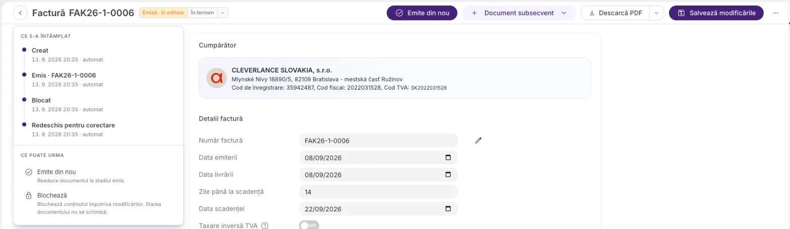 O factură redeschisă cu segmentul chihlimbariu Emisă · în editare, Emite din nou ca acțiune principală și un panou care oferă Emite din nou și Blochează.