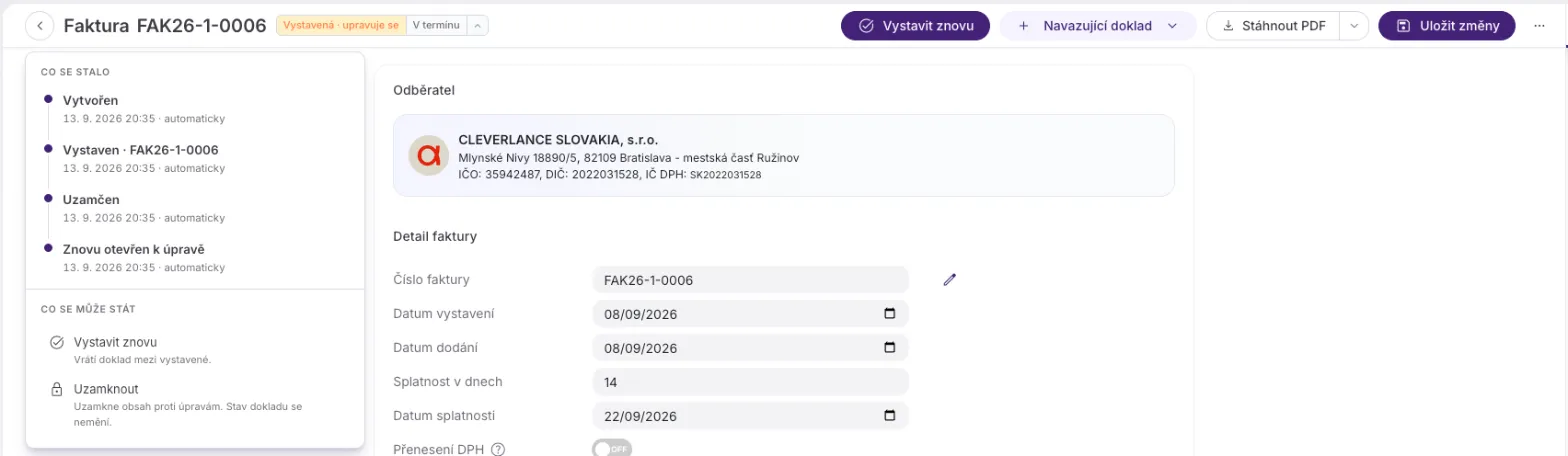 Znovu otevřená faktura se žlutým segmentem Vystavená · upravuje se, hlavní akcí Vystavit znovu a panelem, který nabízí Vystavit znovu a Uzamknout.