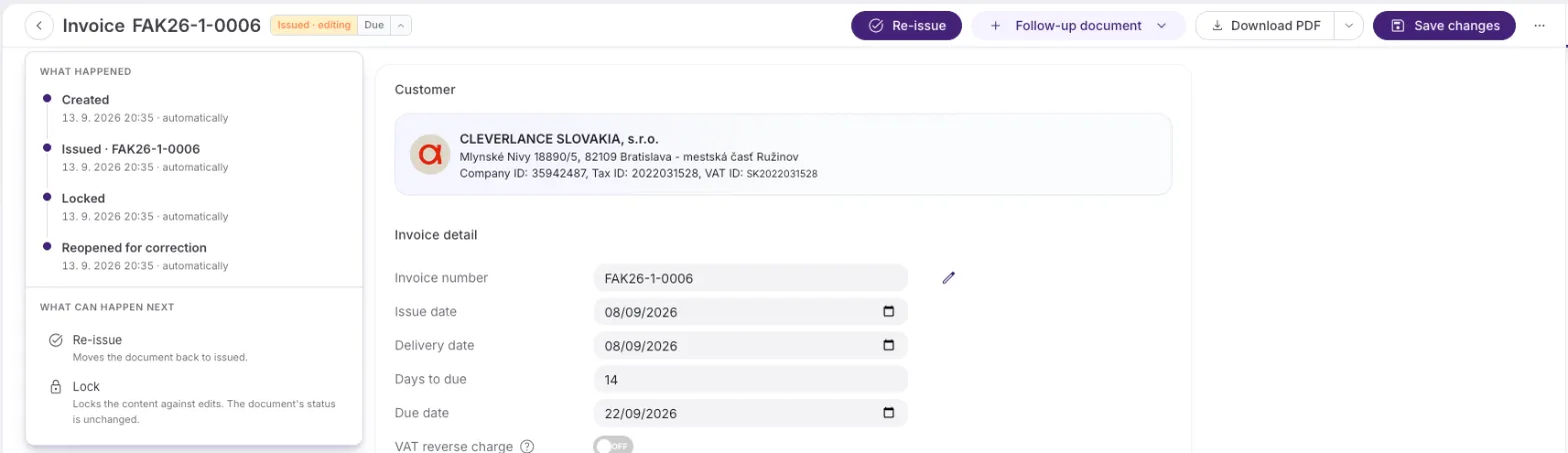 A reopened invoice with an amber Issued · editing segment, Re-issue as the primary action, and a panel offering Re-issue and Lock.